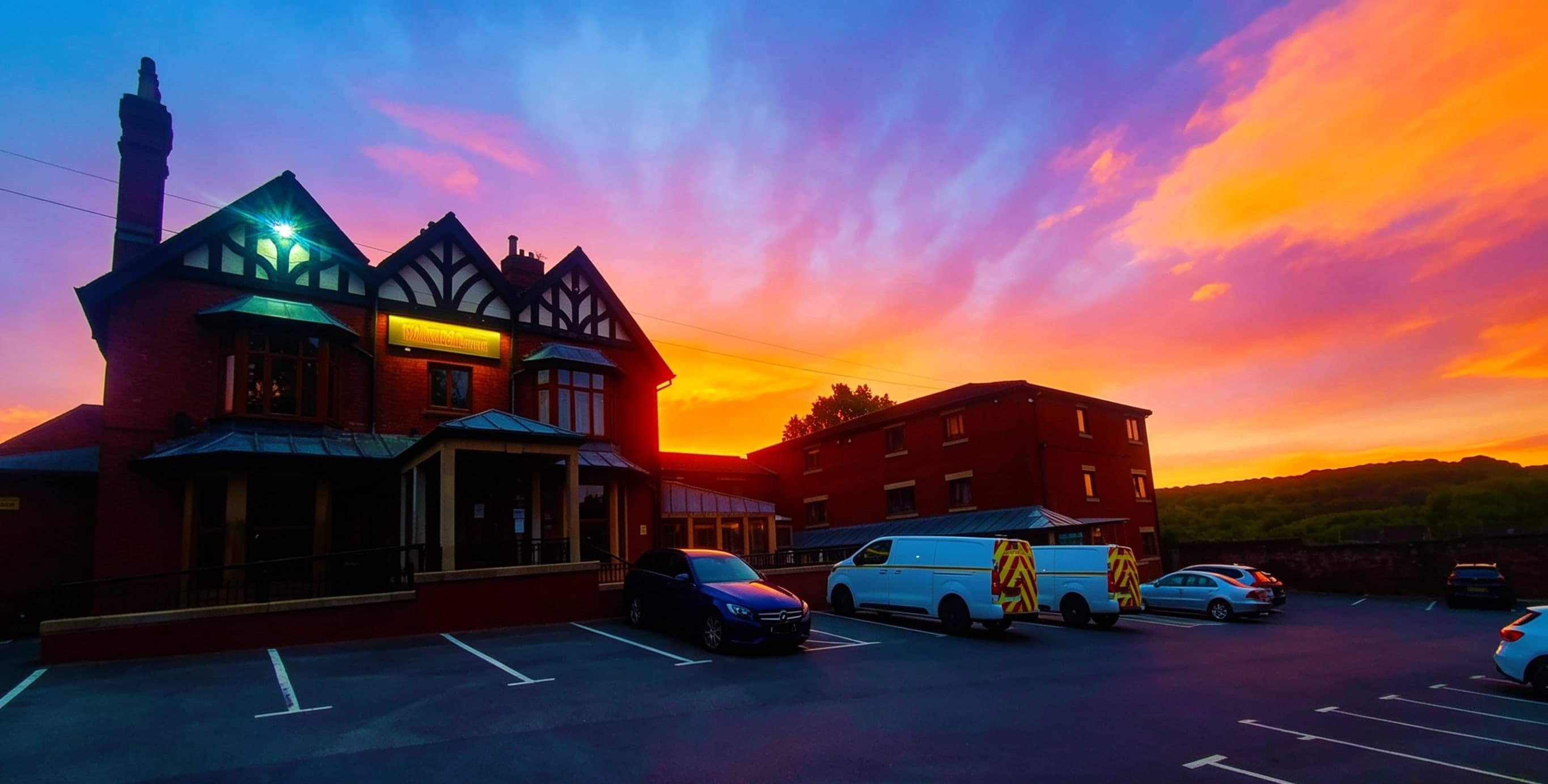 Staindrop Lodge Hotel at twilight — the warmly lit brick exterior of our Sheffield hotel beneath a dramatic evening sky